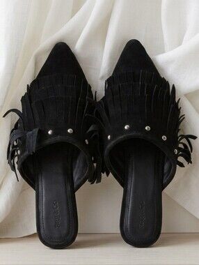 Rag & Co Black Suede Fringe Pointed-Toe Slip-On Mules